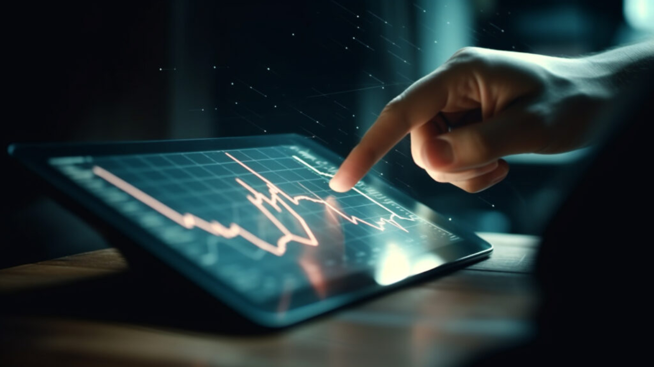 Businessman pointing to chart on digital monitor generated by artificial intelligence