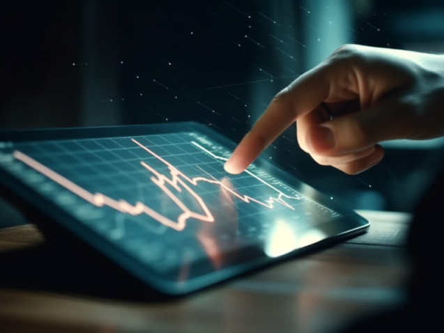 Businessman pointing to chart on digital monitor generated by artificial intelligence