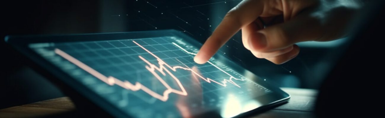 Businessman pointing to chart on digital monitor generated by artificial intelligence